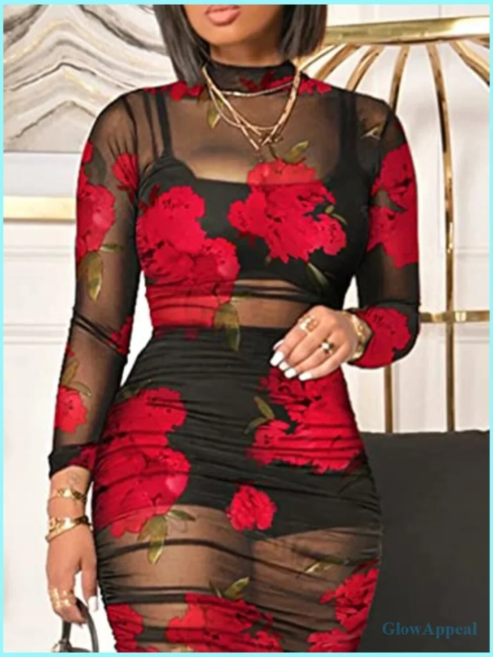 Sheer Mesh Bodycon Midi Dress Long Sleeve 3 Piece Outfit Set Floral